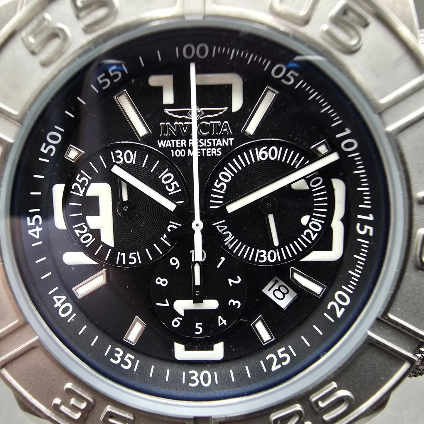 Invicta Chronograph Dive Watch Men 44mm Black Dial Silver Tone 1608 New BatteryL2