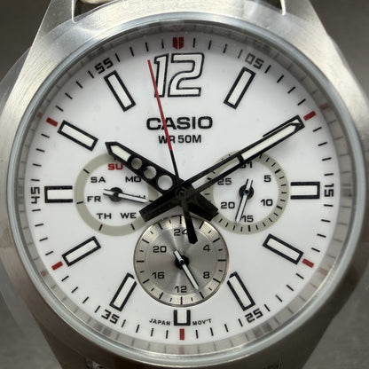 Casio MTP-E350 Watch Men 39mm White Dial Silver Tone Daydate Metal Bracelet1