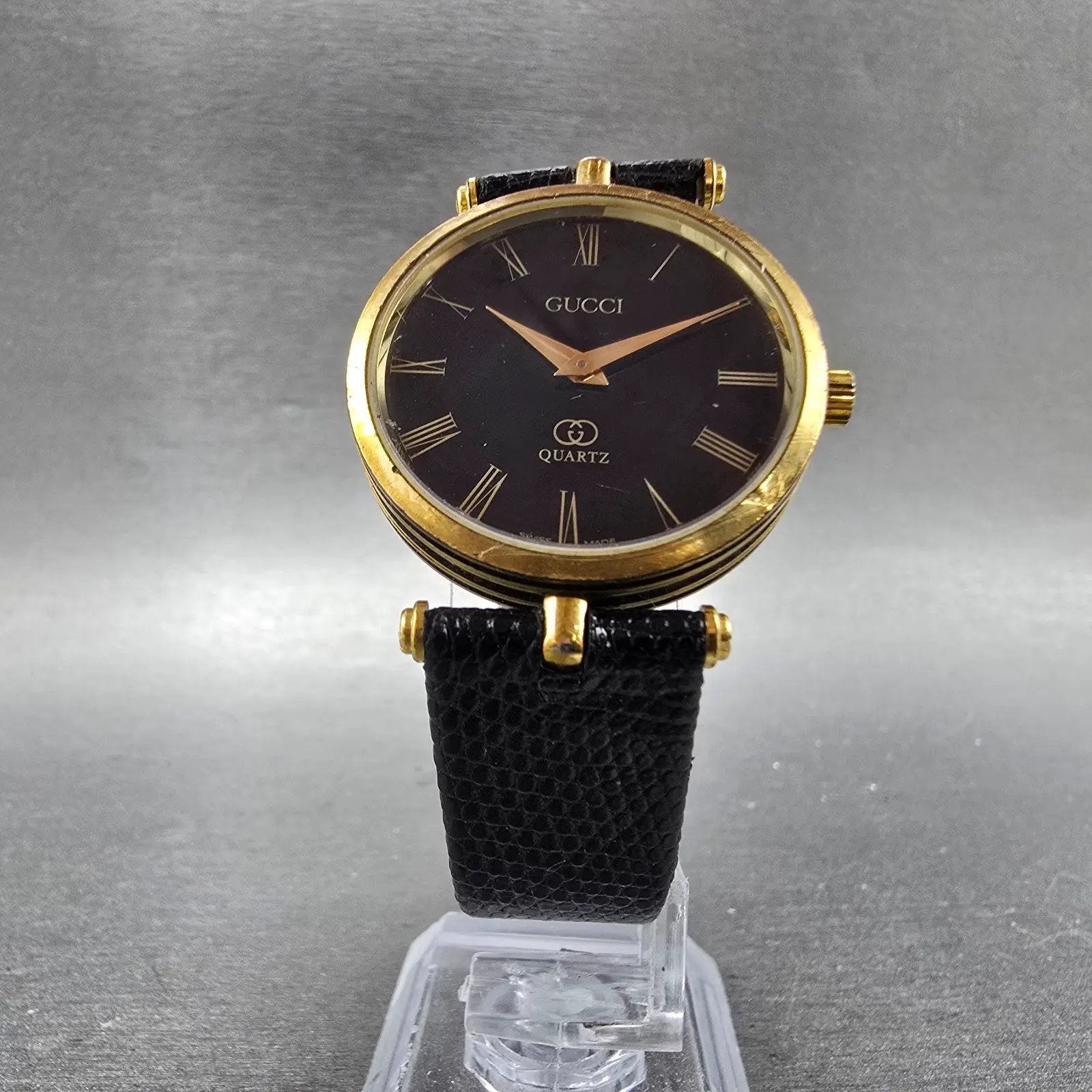 Gucci 2000M Watch Men 30mm Black Dial Gold Plated Leather Round New Battery VTGA5