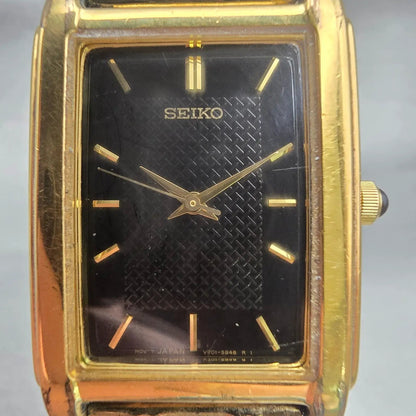 Seiko Watch Men 26mm Black Dial Gold Tone Rectangle V701-5E49 New Battery VTG1