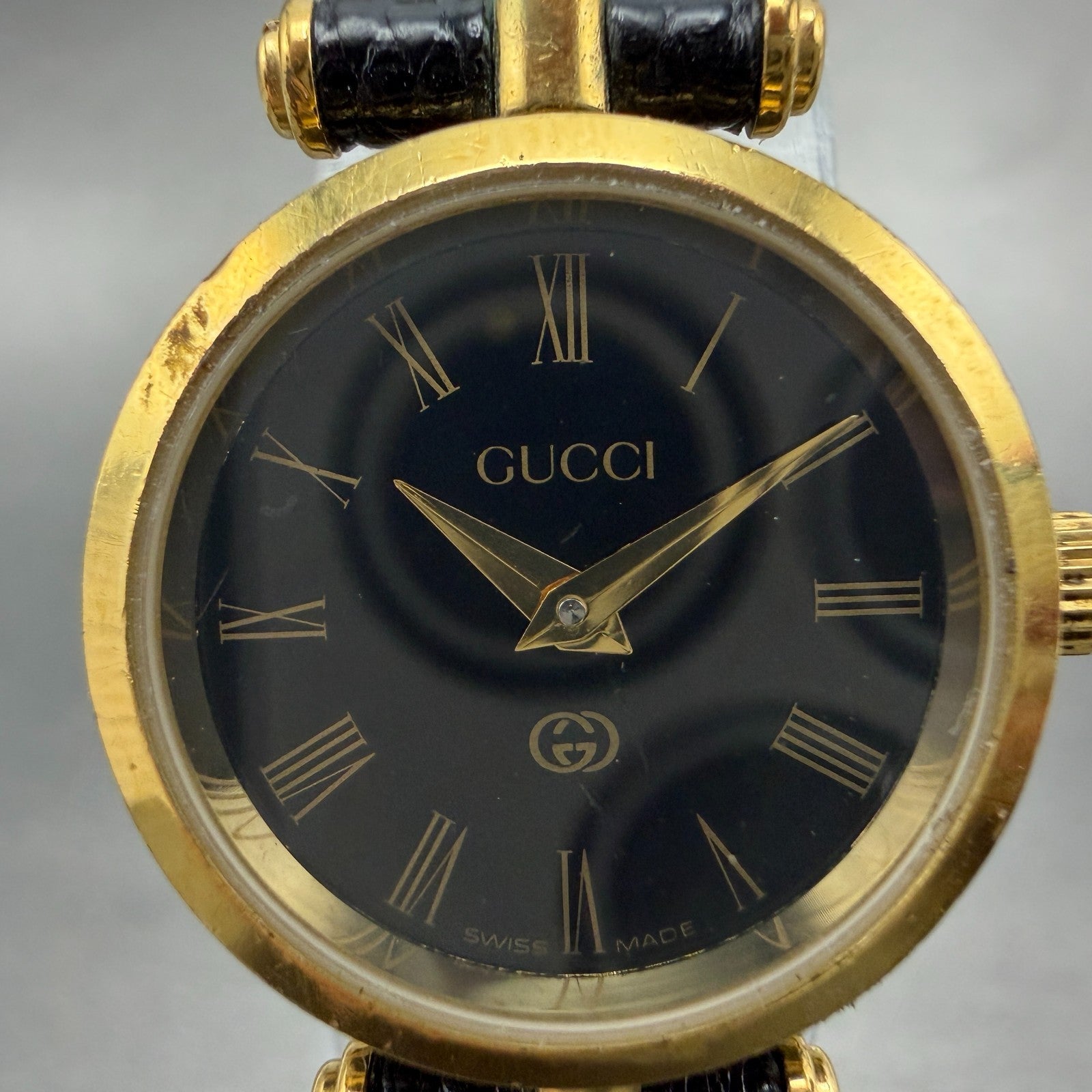 Gucci 2000L Watch Women 22mm Black Dial Gold Plated Round New Battery VTG PRWQ1