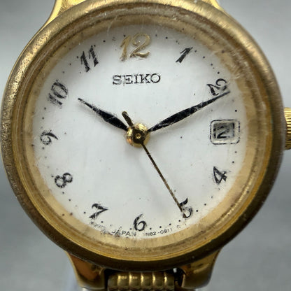Seiko Watch Women 23mm White Dial Gold Tone Date Round 7N82-0228 New Battery 4561