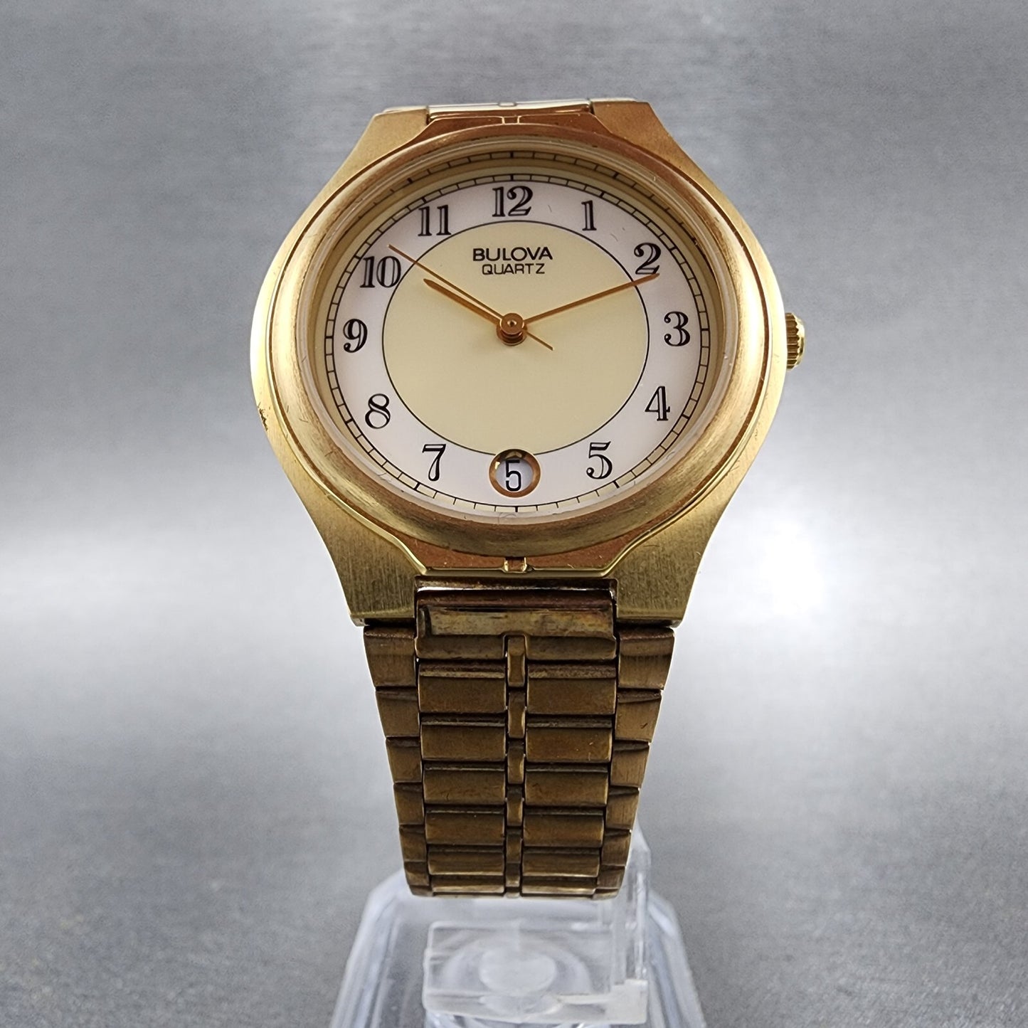 Bulova Watch Men 32mm White Dial Gold Tone Date Round 92B72 New Batt NOS9