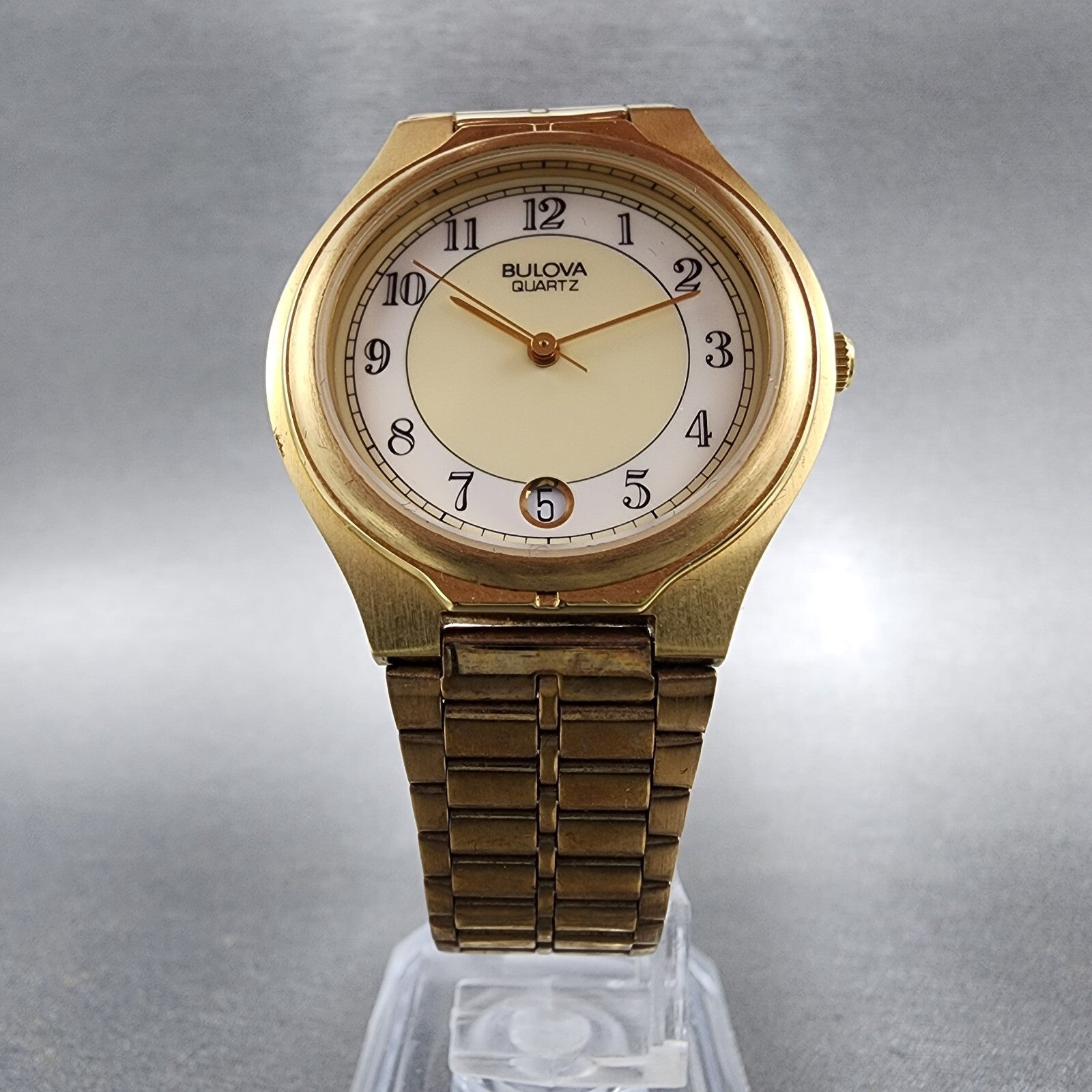Bulova Watch Men 32mm White Dial Gold Tone Date Round 92B72 New Batt NOS9