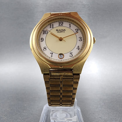 Bulova Watch Men 32mm White Dial Gold Tone Date Round 92B72 New Batt NOS9