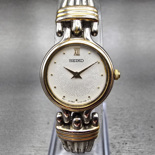 Seiko Watch Women 21mm White Dial Two Tone Round V400-1229 New Battery Vintage e0
