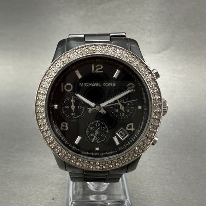 Michael Kors Runway Chrono Watch Women 40mm Black Dial Black Ceramic New Battery0