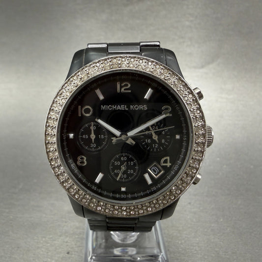 Michael Kors Runway Chrono Watch Women 40mm Black Dial Black Ceramic New Battery0