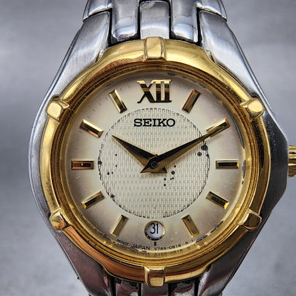 Seiko Watch Women 26mm Champagne Dial Two Tone Date V7890369 New Battery ABC1231