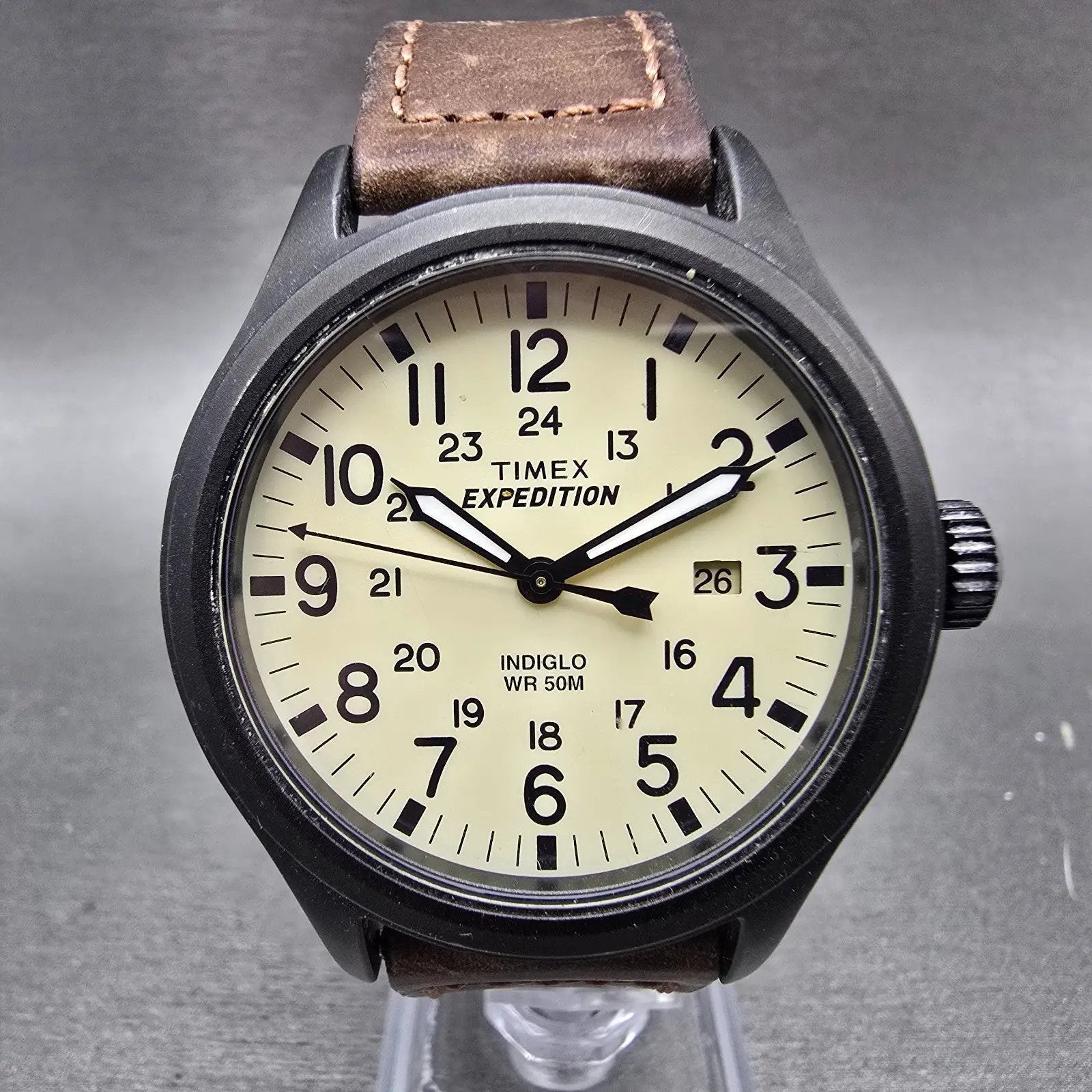 Timex Expedition Scout Watch Men 40mm Cream Dial Black Tone Date Round New Bat Q0