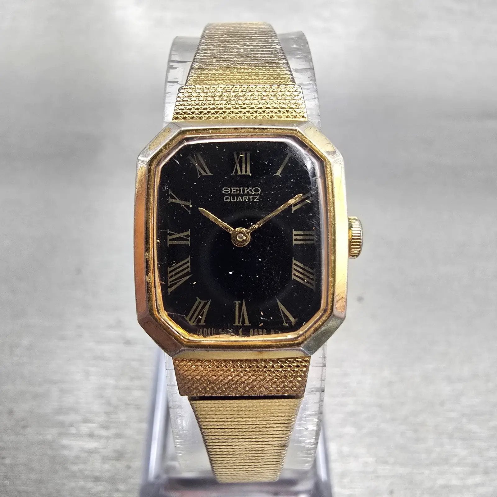 Seiko Watch Women 16mm Black Dial Gold Tone Rectangle 2B20-5019 New Battery VTG0