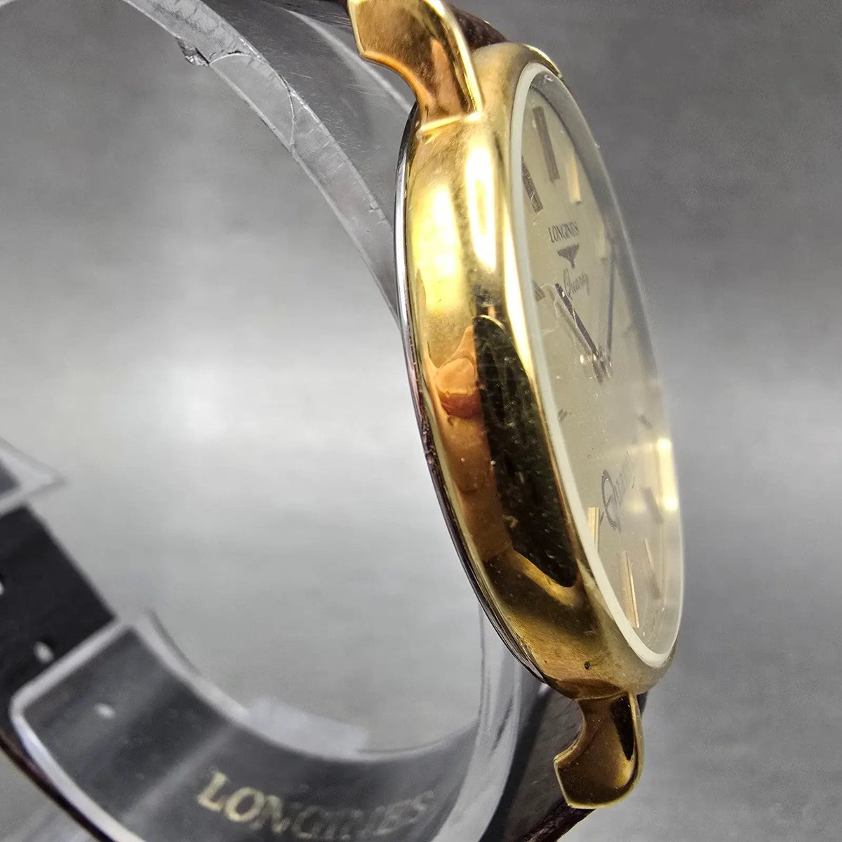 Longines Watch Men 32mm Gold Dial Gold Tone Round Leather Band New Battery VTG3