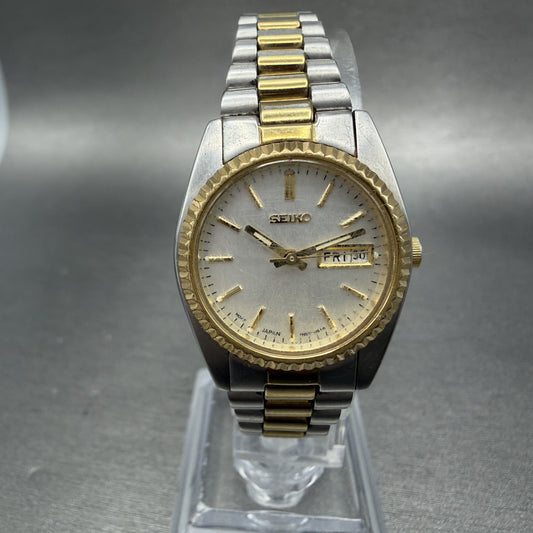 Seiko Watch Women 25mm White Dial Two Tone Daydate Round 7n83-0041 New Batt ZYX0