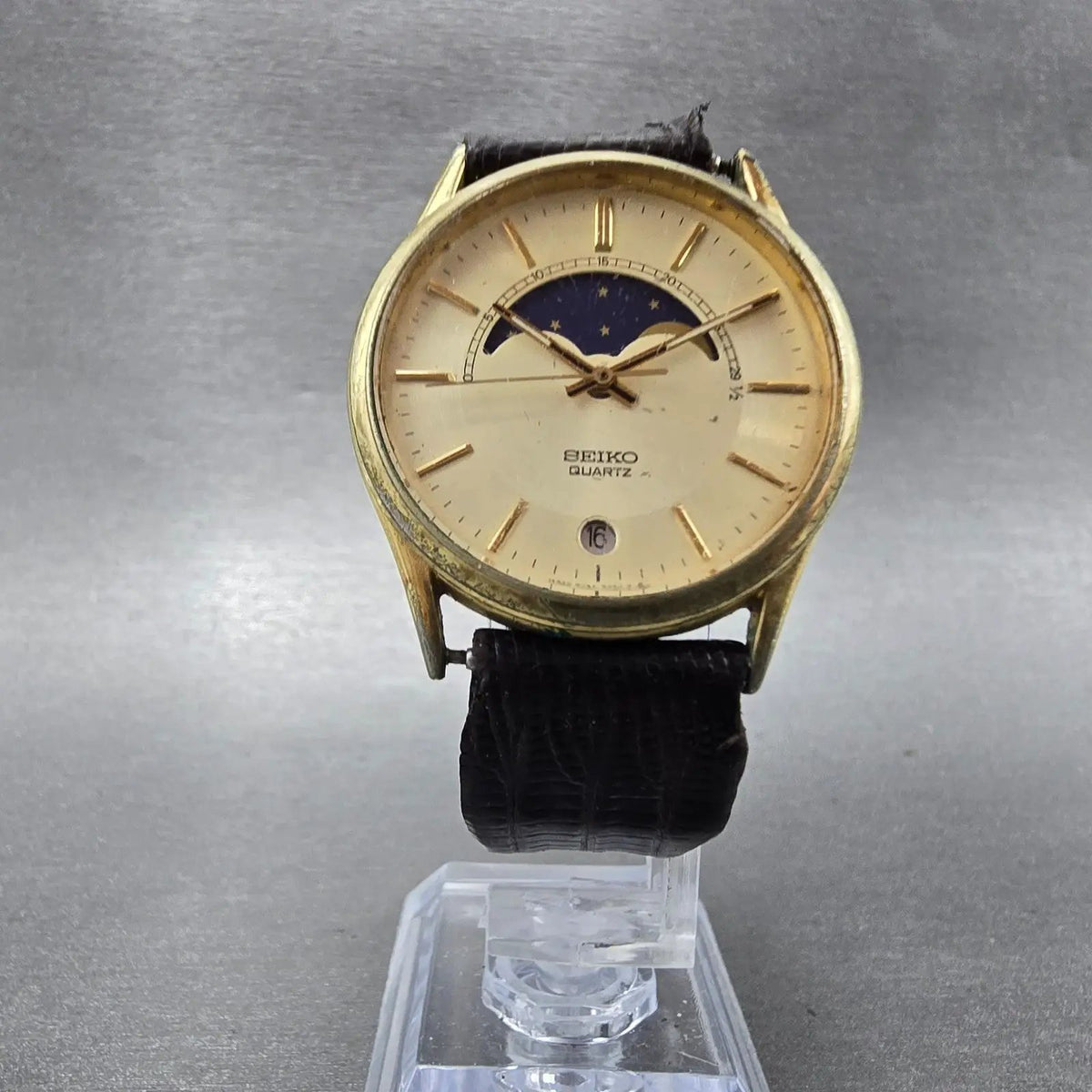 Seiko Moon Phase Watch Men 32mm Champagne Dial Gold Date Round 7434-7008 PARTS6