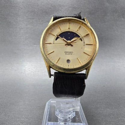 Seiko Moon Phase Watch Men 32mm Champagne Dial Gold Date Round 7434-7008 PARTS6
