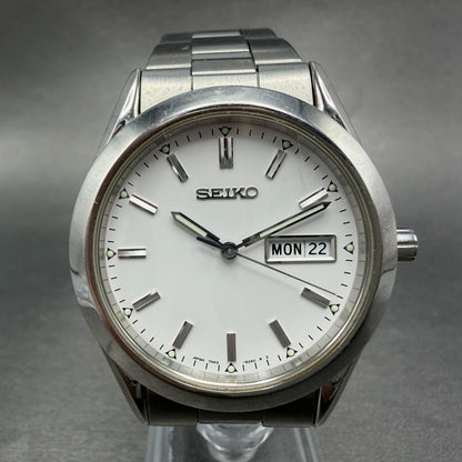 Seiko Watch Men 37mm White Dial Silver Tone Daydate Round 7N43-9080 New Battery0