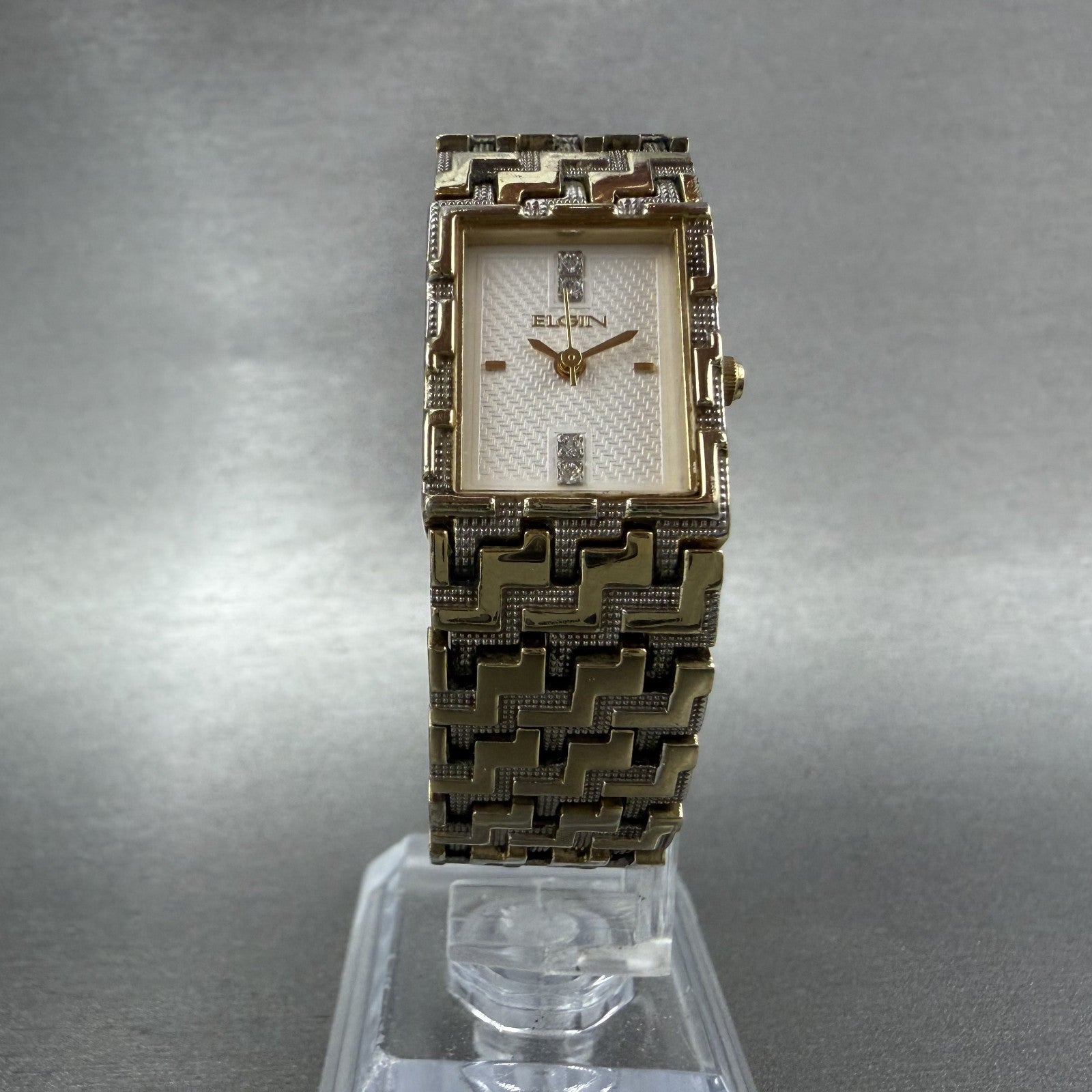 Elgin Tank Watch Women 17mm White Dial Gold Tone Rectangle New Battery5