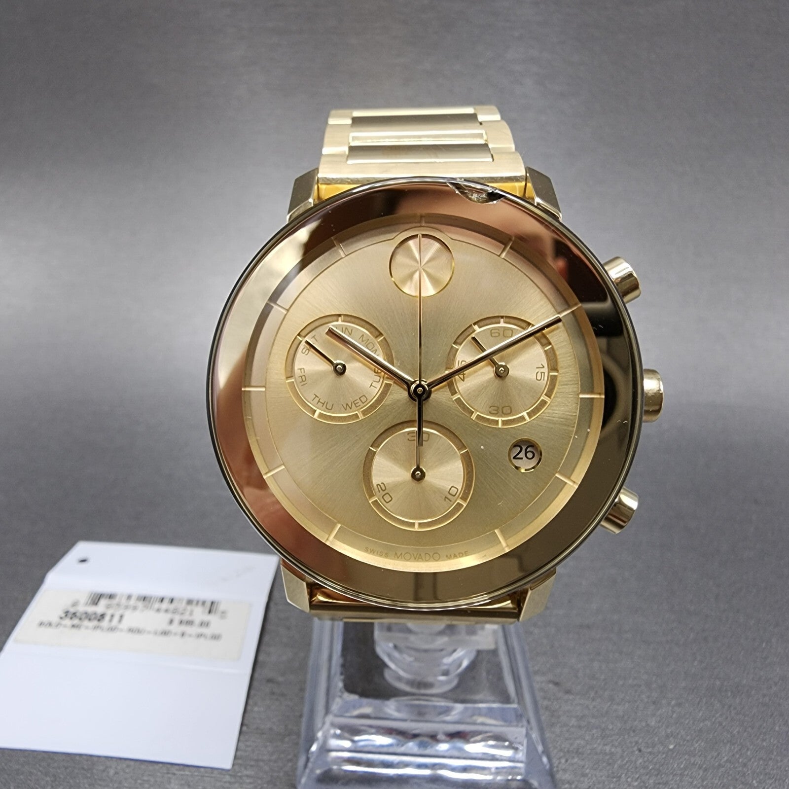 Movado Bold Evolution Chronograph Watch Men 42mm Gold Dial Gold Tone Date CHIP0