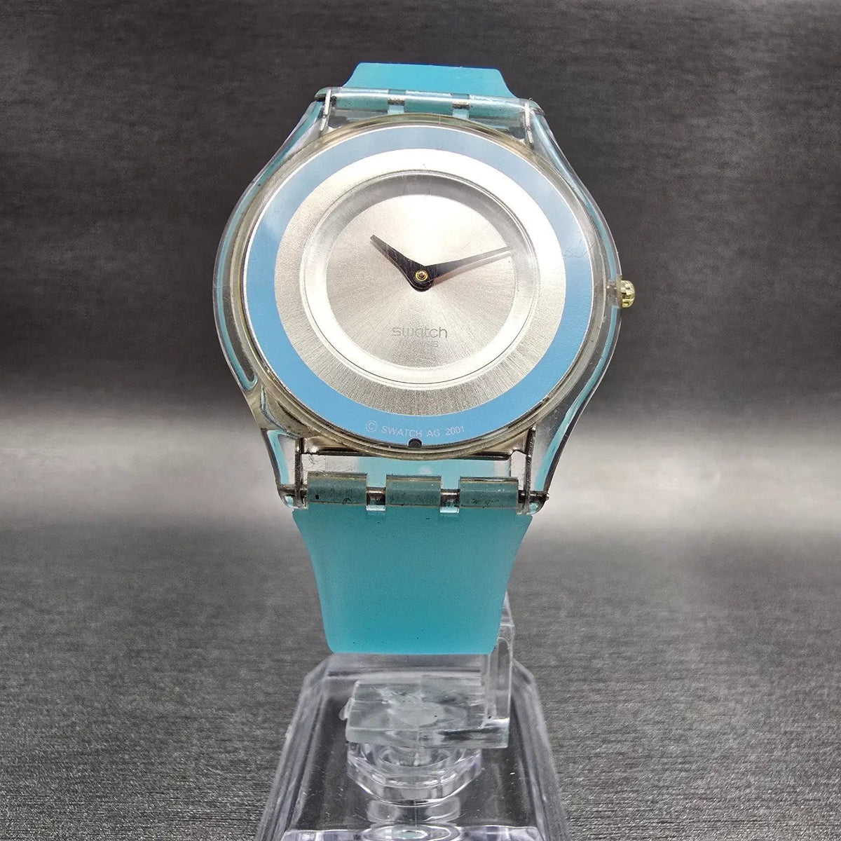 Swatch Skin Mille Linie Watch Women 34mm Silver Dial Clear Case SFK140 New Batt5
