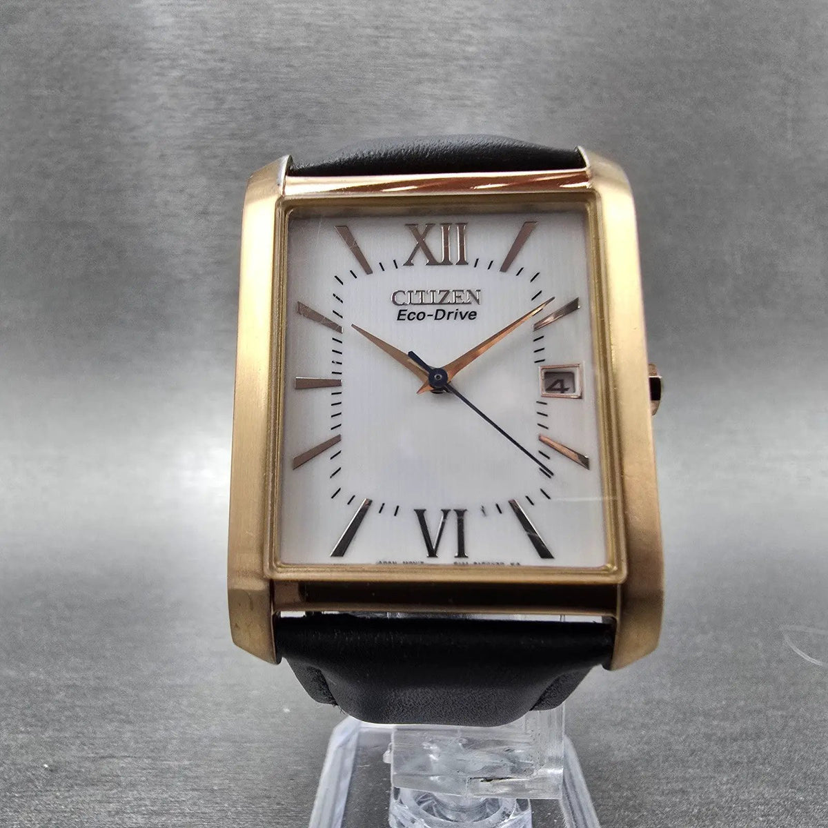 Citizen Eco-Drive Tank Watch Men 31mm White Dial Rose Gold Date Rectangle Runs5