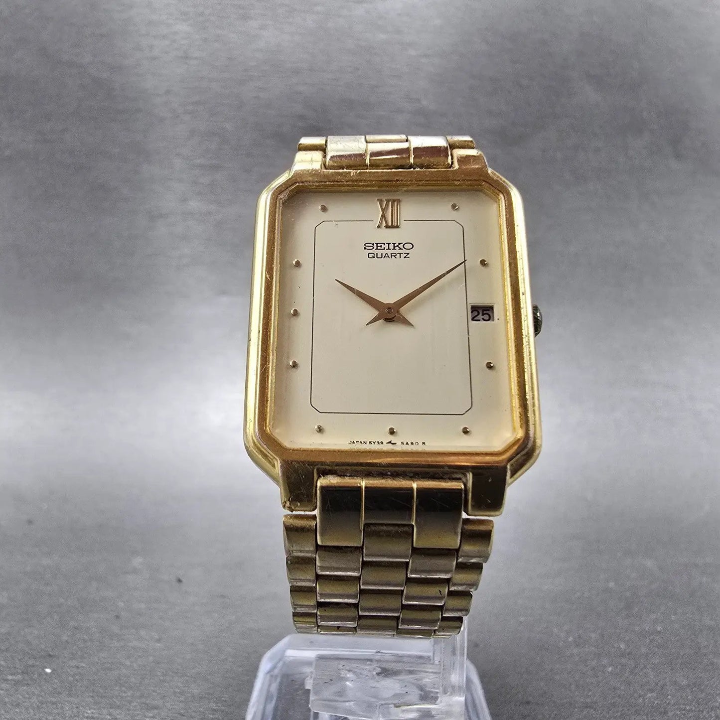 Seiko Tank Watch Men 26mm Cream Dial Gold Tone Date Rectangle 5Y39-5A60 PARTS6