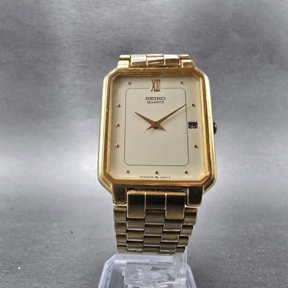 Seiko Tank Watch Men 26mm Cream Dial Gold Tone Date Rectangle 5Y39-5A60 PARTS6