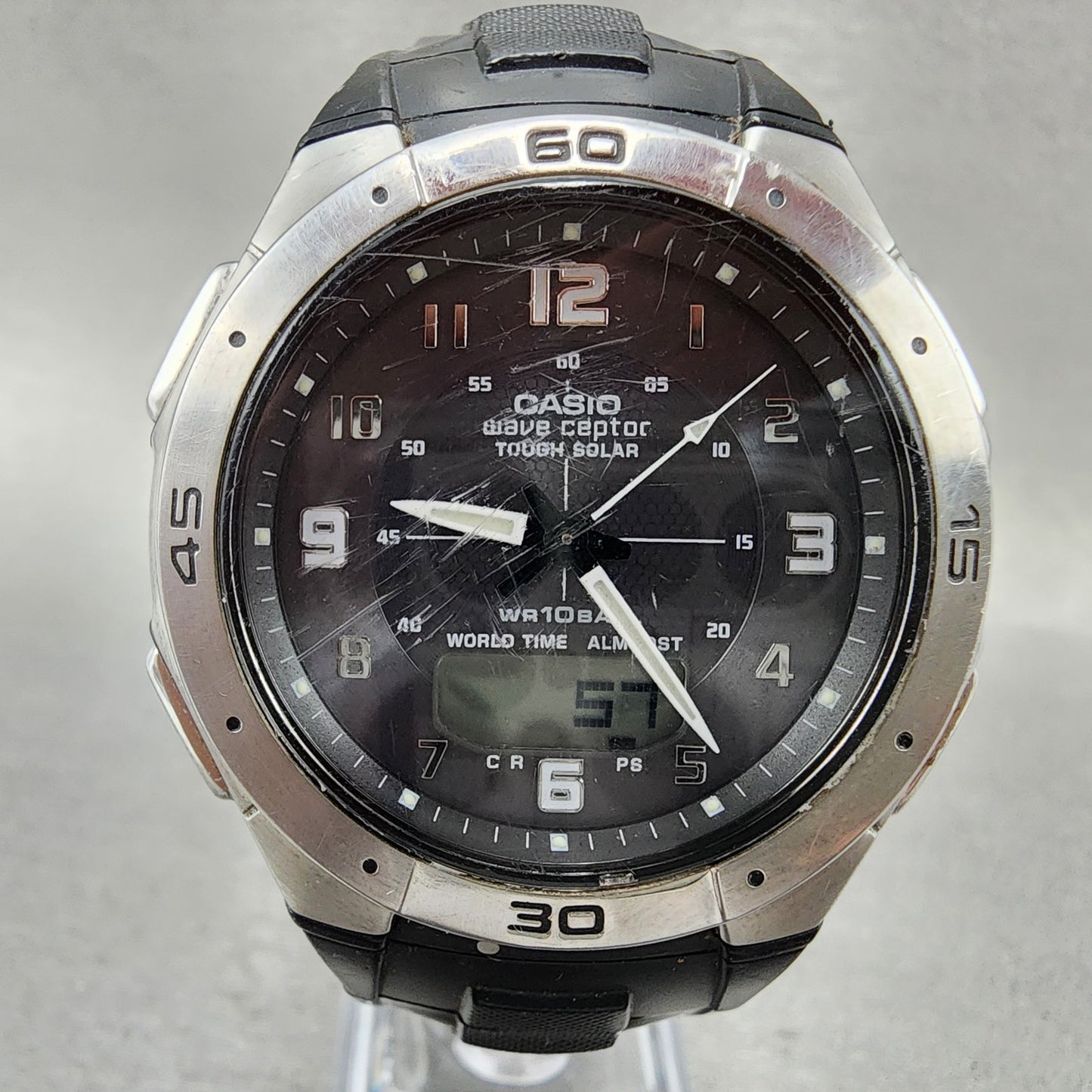 Casio Wave Ceptor Watch Men 42mm Black Dial Silver Tone Analog Digital Solar B121
