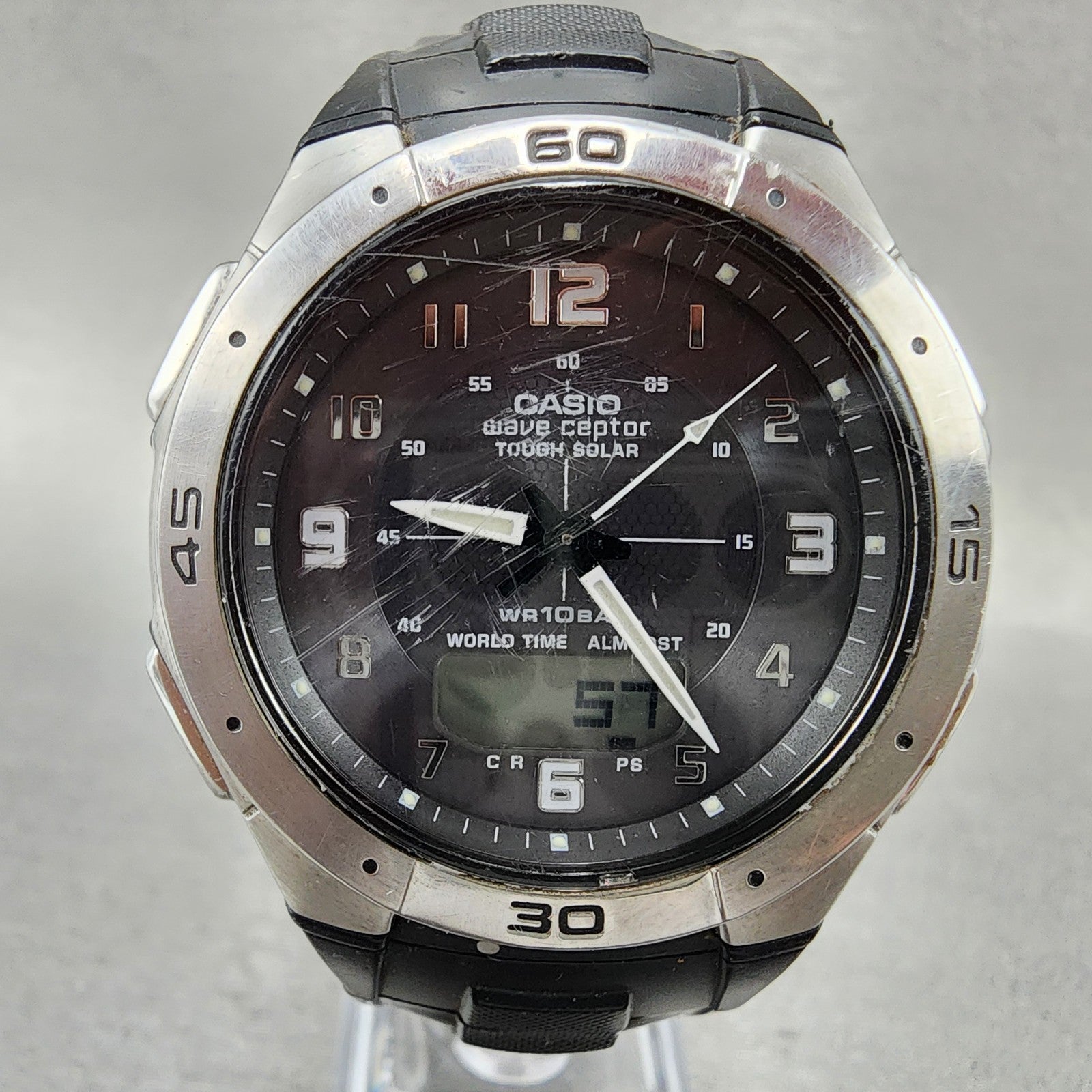 Casio Wave Ceptor Watch Men 42mm Black Dial Silver Tone Analog Digital Solar B121