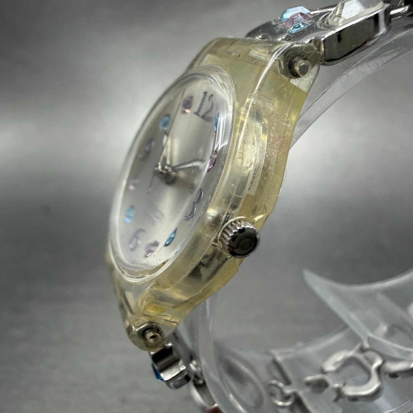 Swatch Menthol Tone Watch Women 25mm Silver Dial Clear Case LK292G New BatteryJK2