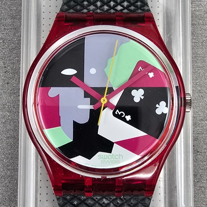 Swatch Hot Rap Watch Men 34mm Black Dial Red Case GR113 New Battery NOS1