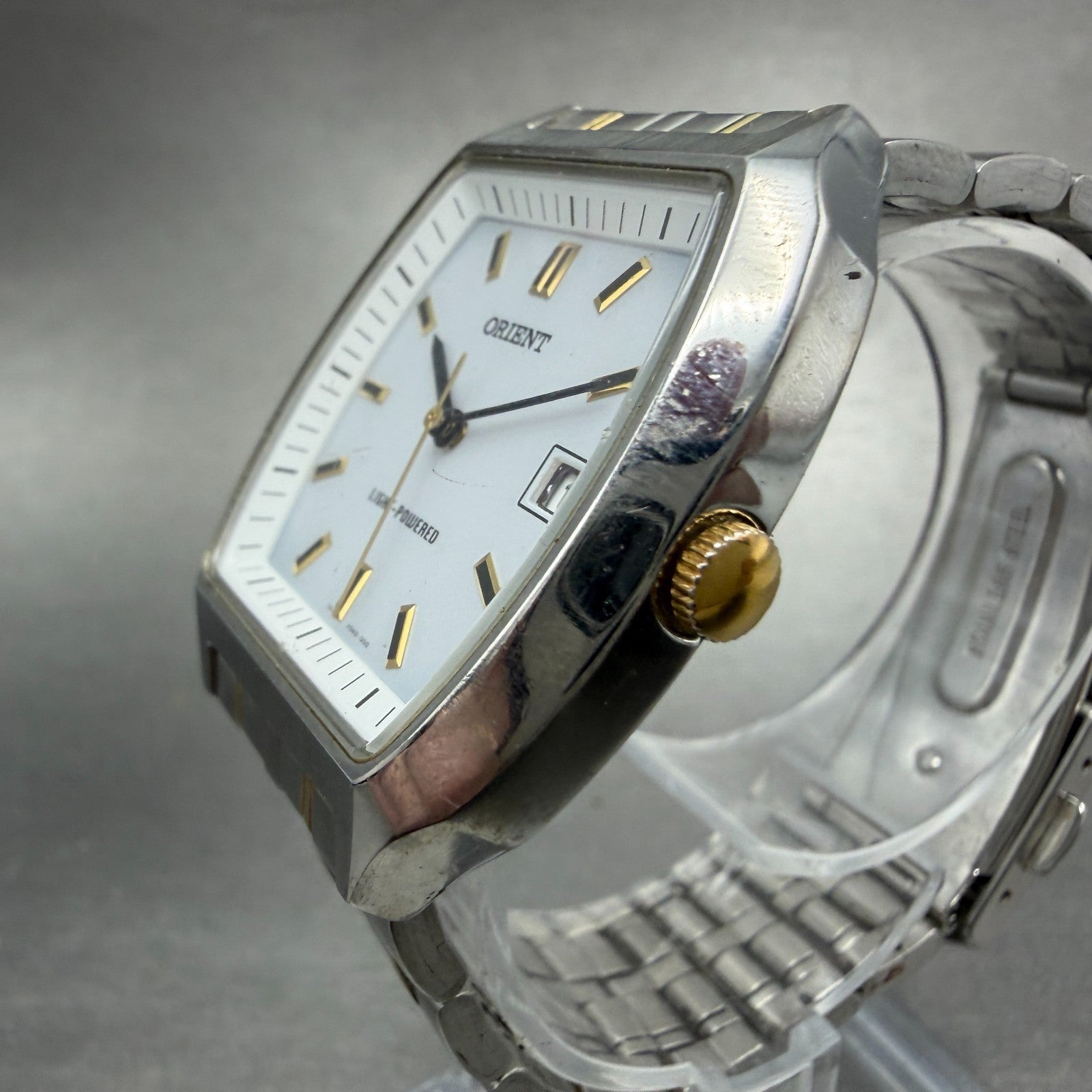 Orient Solar Watch Men 33mm White Dial Two Tone Rectangle Date VDAD-C1 Works2