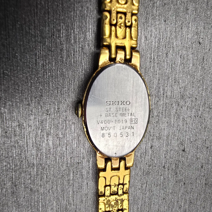 Seiko Watch Women 17mm White Dial Gold Tone Oval V400-1019 New Battery Vintage10