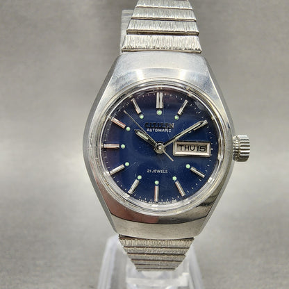 Citizen Automatic Watch Women 26mm Blue Dial Silver Tone Daydate Round Runs VTG0
