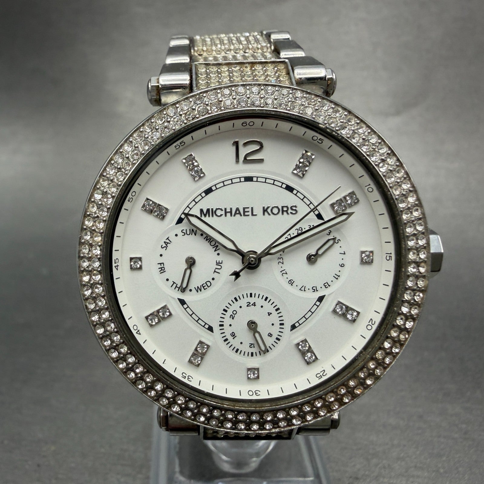 Michael Kors Parker Watch Women 39mm White Dial Steel Daydate MK-6759 New Batt0