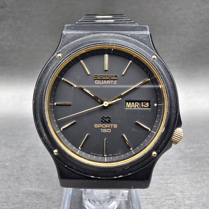Seiko Sports 150 Watch Men 36mm Black Dial Two Tone Daydate 5H23-7029 New Batt J0