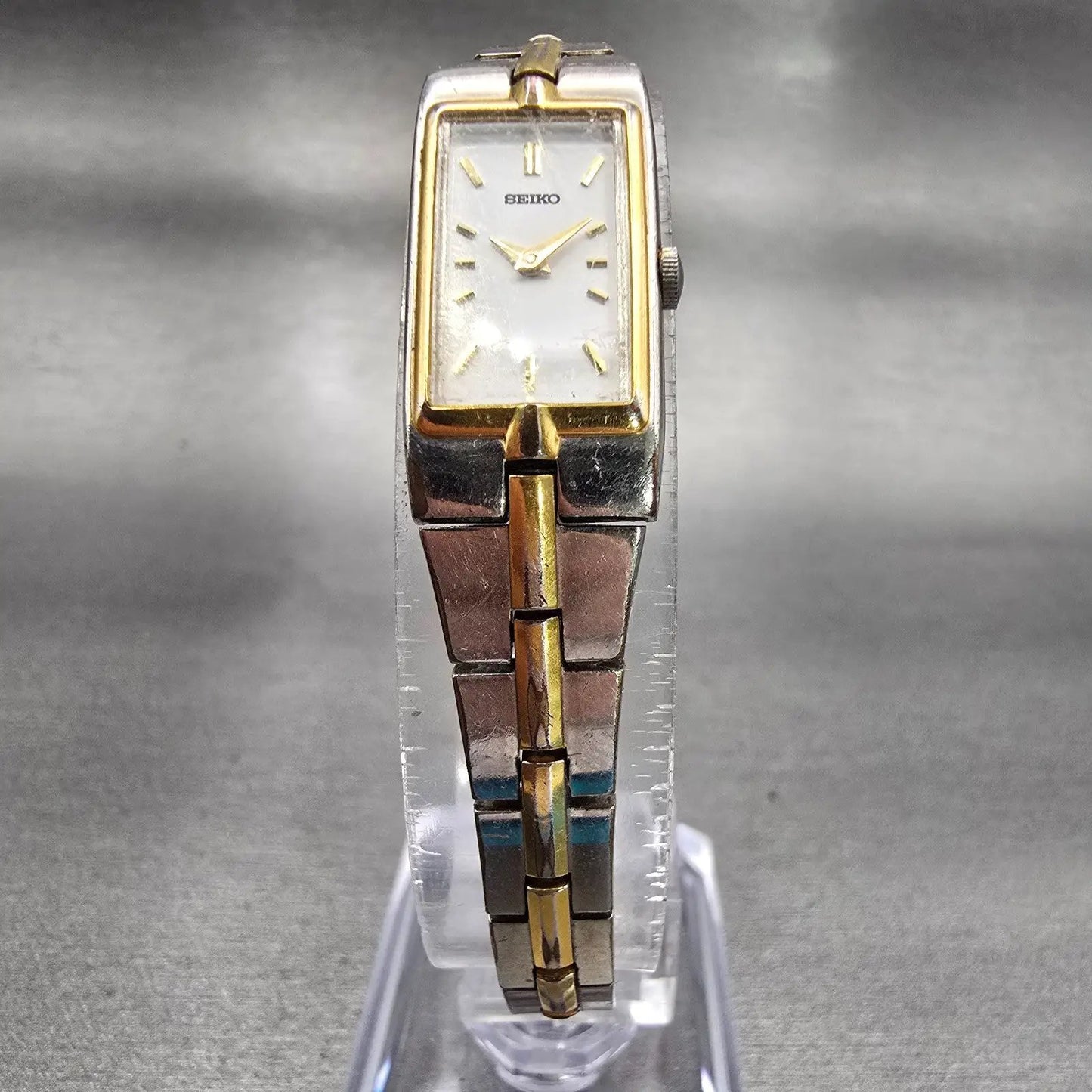 Seiko Watch Women 13mm White Dial Two Tone Rectangle 2E20-7479 New Battery VTG5