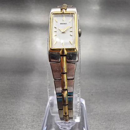 Seiko Watch Women 13mm White Dial Two Tone Rectangle 2E20-7479 New Battery VTG5