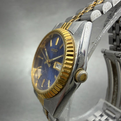 Seiko Watch Women 24mm Blue Dial Two Tone Daydate Round 7N83-0041 New Batt FR42