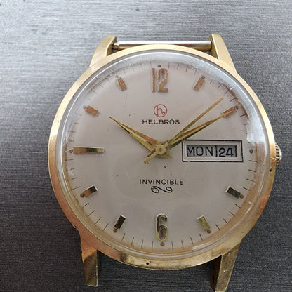 Helbros Watch Men 34mm White Dial Gold Tone Daydate Round Manual Wind Runs READ!1