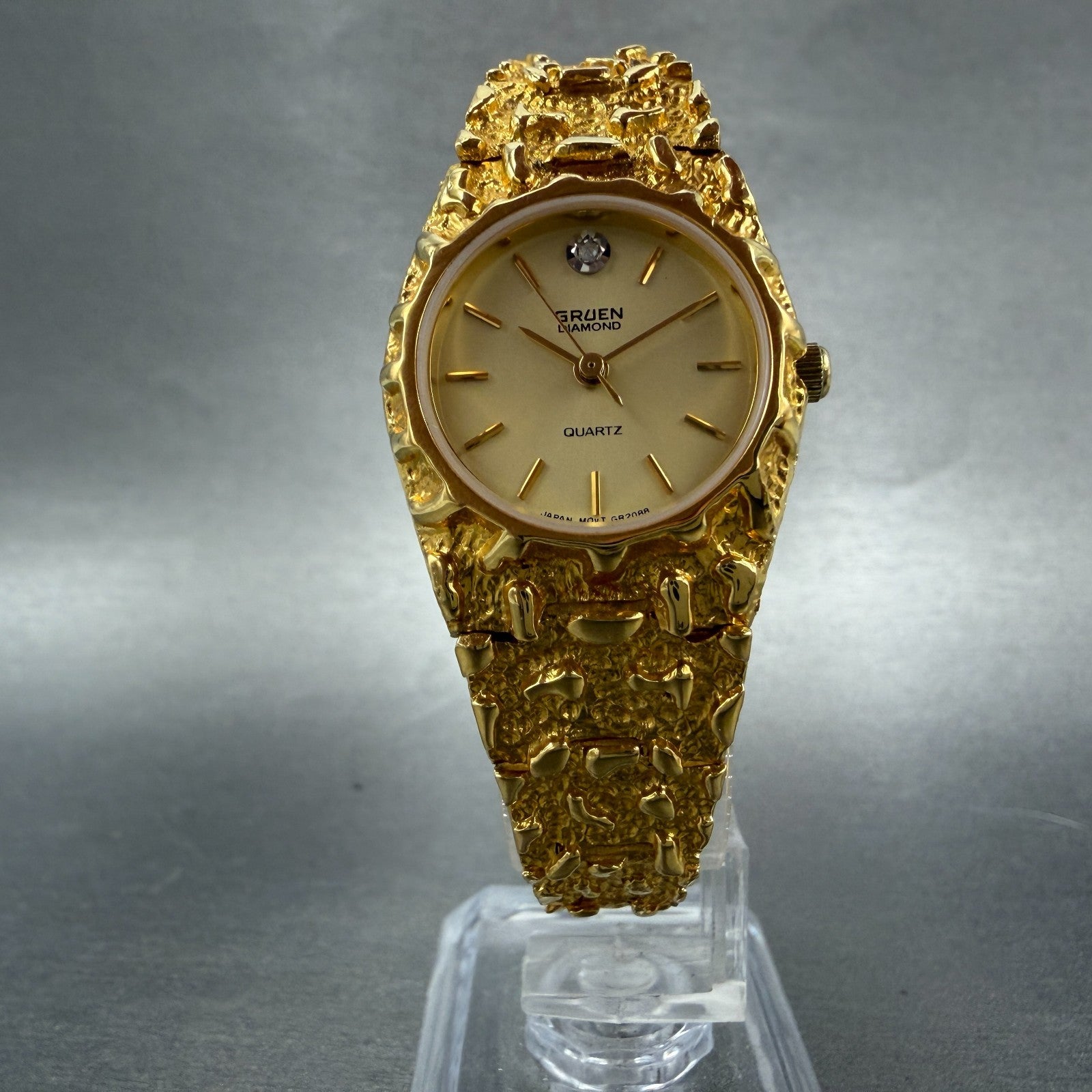 Gruen Watch Women 25mm Gold Dial Gold Nugget Case Tone New Battery VTG ABC5