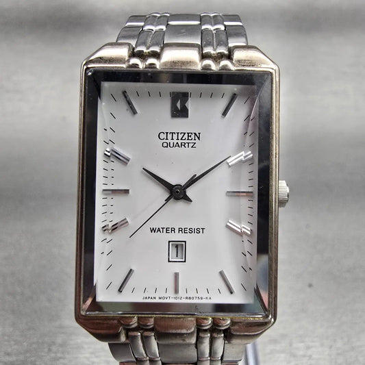 Citizen Watch Men 24mm White Dial Silver Tone Date Rectangle 1020-R30436 New Bat0