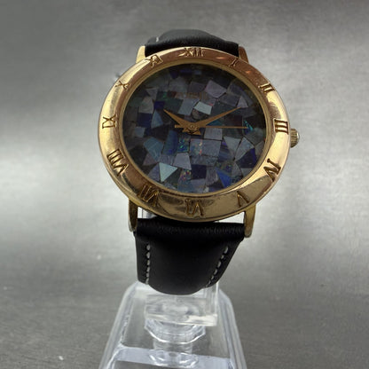 Fossil Watch Men 34mm Blue Mosaic Dial Gold Tone Round Leather band New Battery5