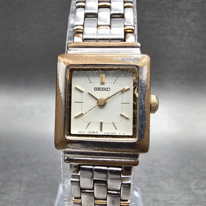 Seiko Watch Women 18mm White Dial Two Tone Rectangle V401-5849 New Battery0