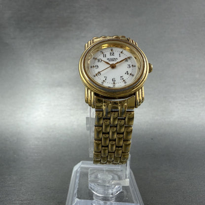 Bulova Watch Women 24mm White Dial Gold Tone Round 92E09 New battery5