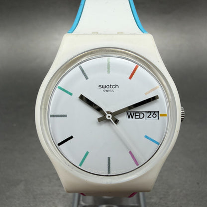 Swatch Edgyline Watch Men 34mm White Dial White Tone Daydate GW708 New Battery0
