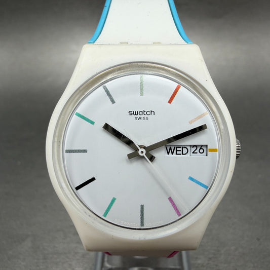 Swatch Edgyline Watch Men 34mm White Dial White Tone Daydate GW708 New Battery0