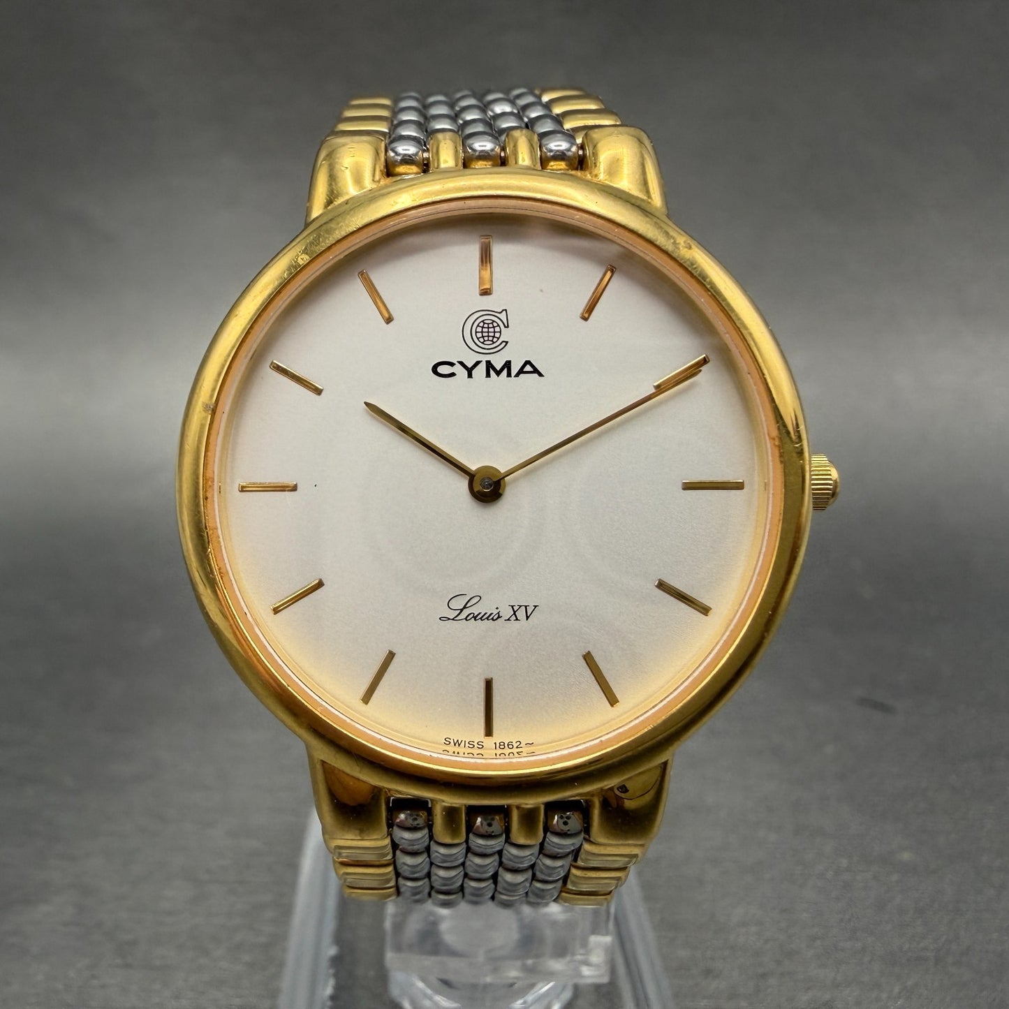 Cyma Louis XV Watch Men 32mm White Dial Two Tone Round M349 New Battery0