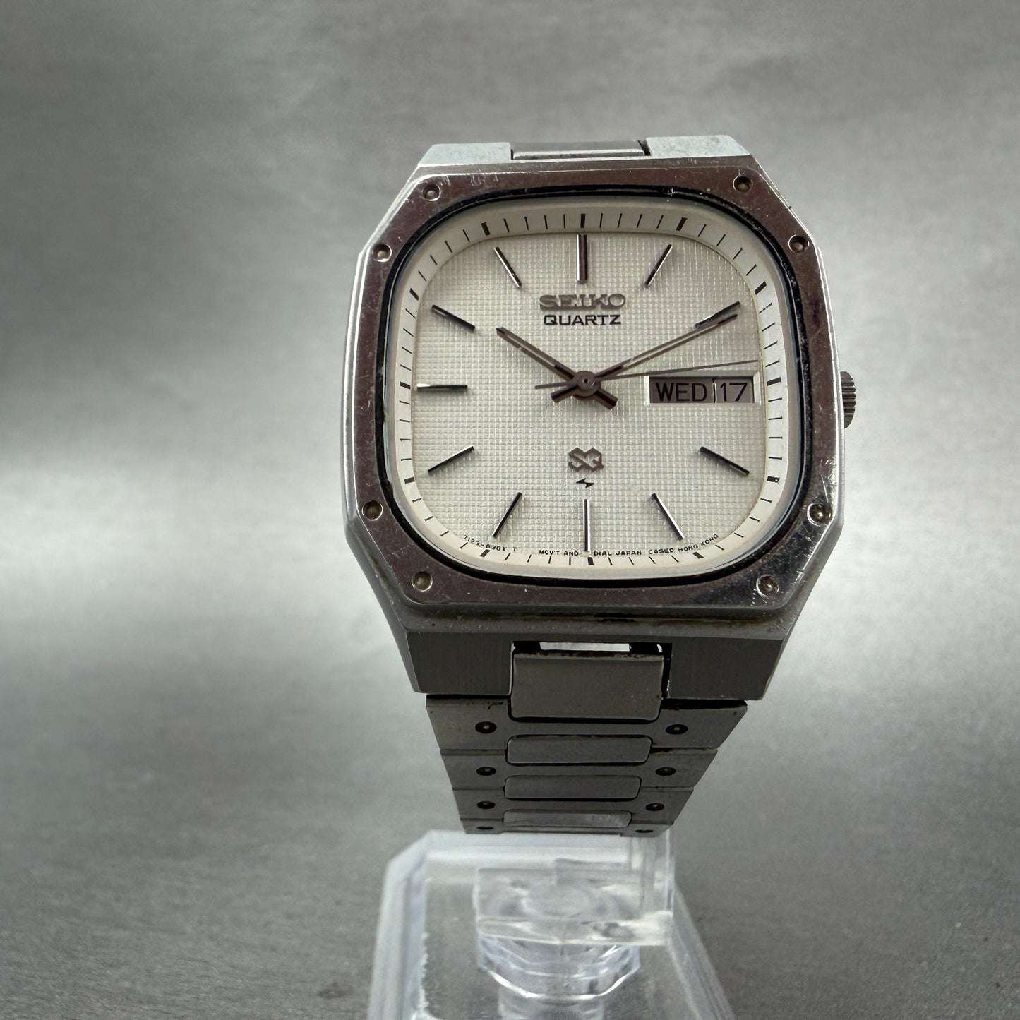 Seiko SQ Watch Men 35mm White Dial Silver Tone Daydate Octagon 7123-5359 New Bat5