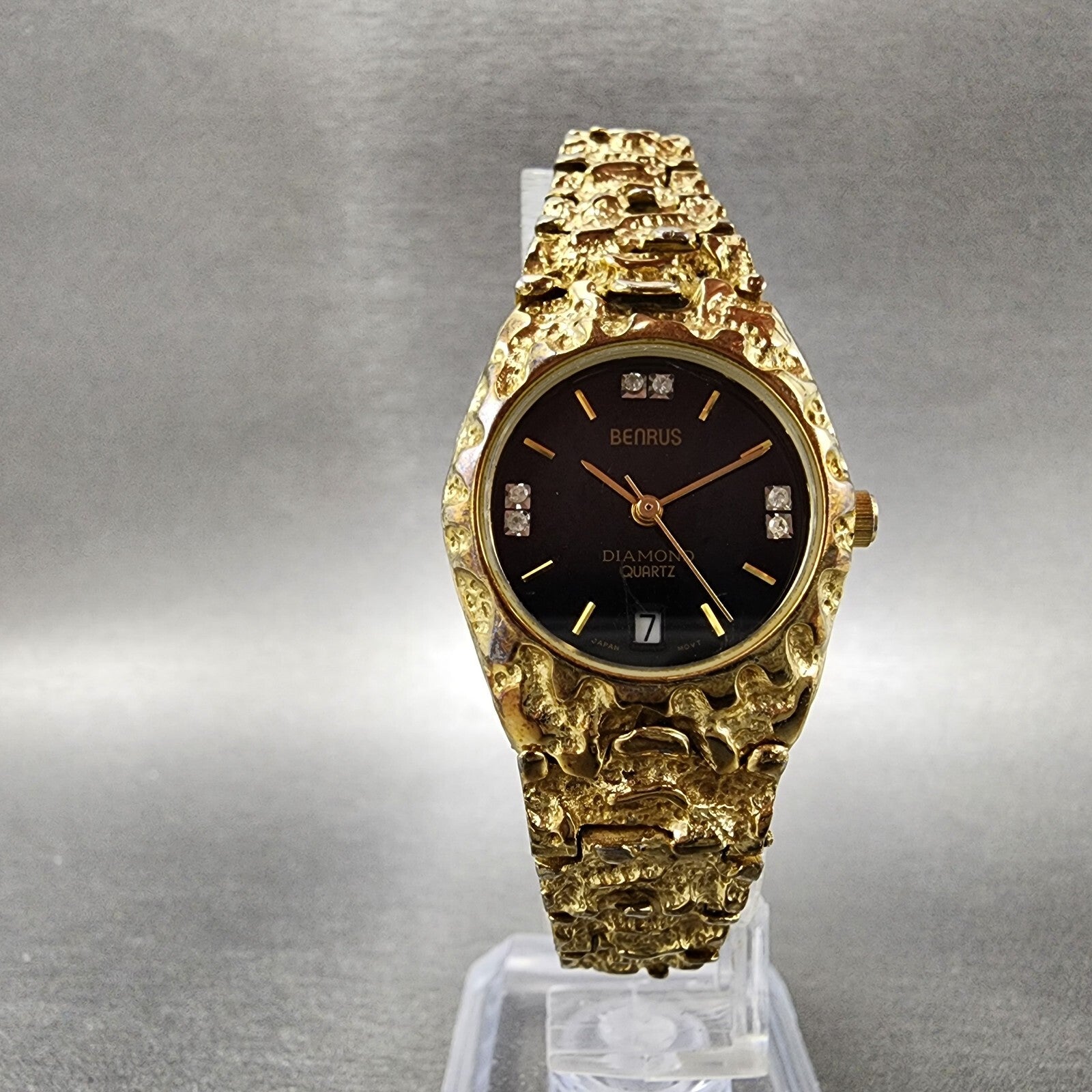 Benrus Gold Nugget Watch Women 25mm Black Dial Gold Tone Date Round New Battery5