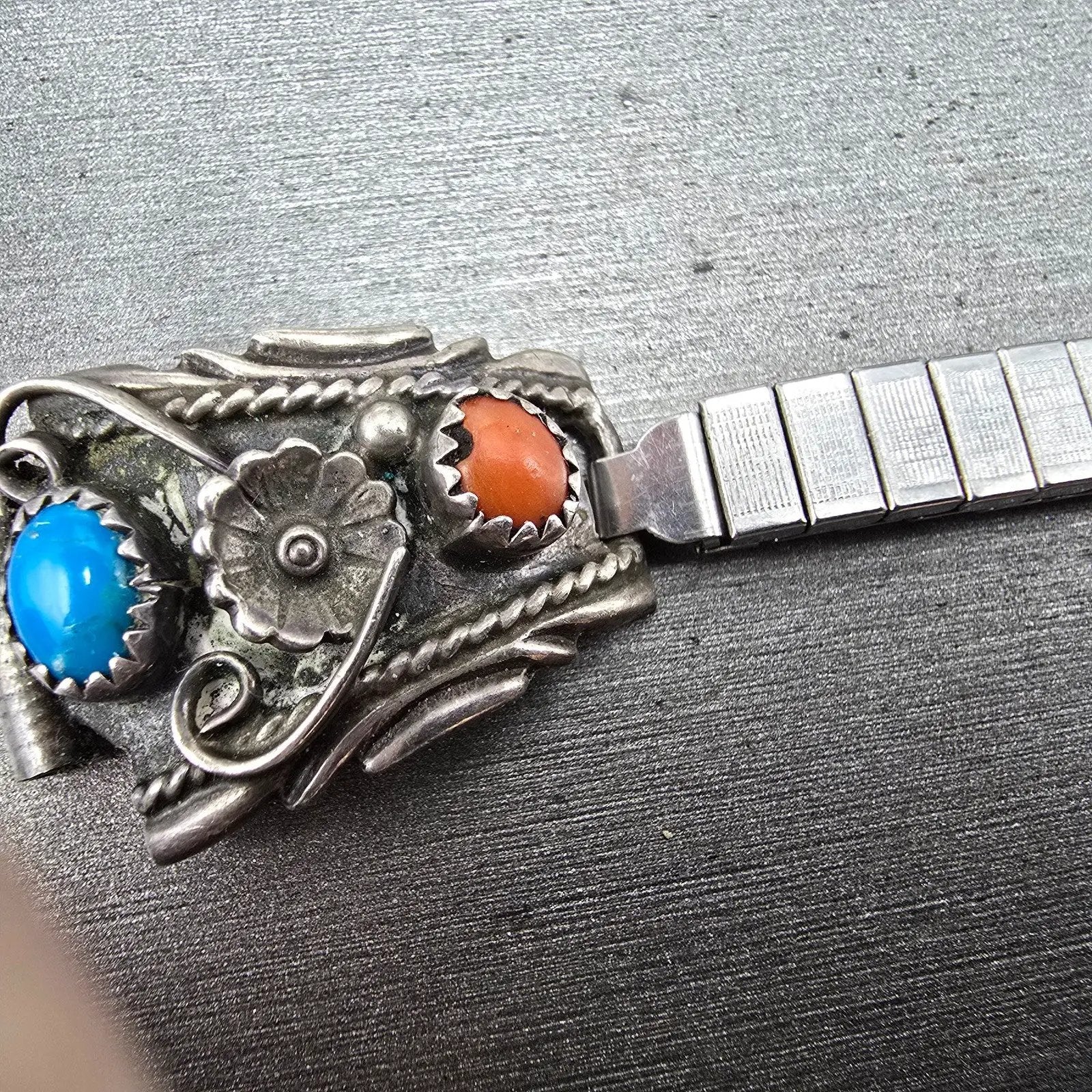 Navajo Sterling Silver Watch Band Tips 10mm Coral Turquoise Flower Design VTG2